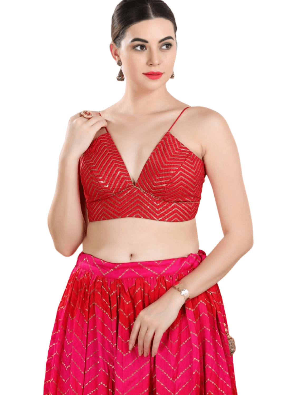 Red Art Silk Embroidery V Neck Blouse