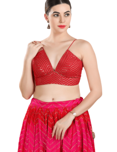 Red Art Silk Embroidery V Neck Blouse