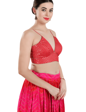 Red Art Silk Embroidery V Neck Blouse