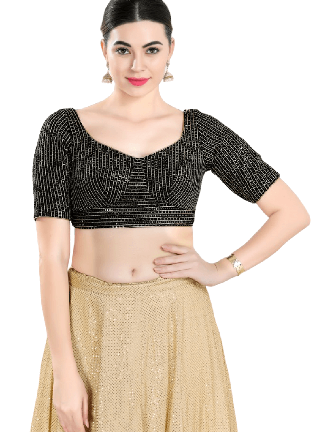 Sequin Embroidered Sweetheart Neckline Blouse In Black-Gold