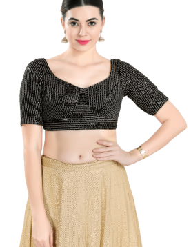 Sequin Embroidered Sweetheart Neckline Blouse In Black-Gold