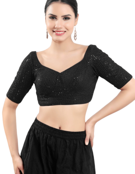 Sequin Embroidered Sweatheart Neckline Blouse In Black 