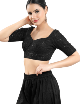 Sequin Embroidered Sweatheart Neckline Blouse In Black 