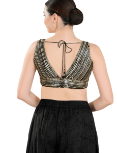 Black Fancy Net Sequin V Neck Sleeveless Blouse