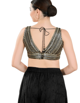 Black Fancy Net Sequin V Neck Sleeveless Blouse