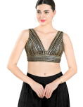 Black Fancy Net Sequin V Neck Sleeveless Blouse