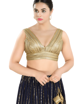 Gold Fancy Net Sequin V Neck Sleeveless Blouse