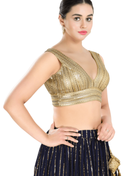 Gold Fancy Net Sequin V Neck Sleeveless Blouse