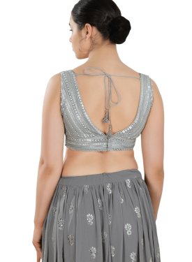 Silver Fancy Net Sequin V Neck Sleeveless Blouse