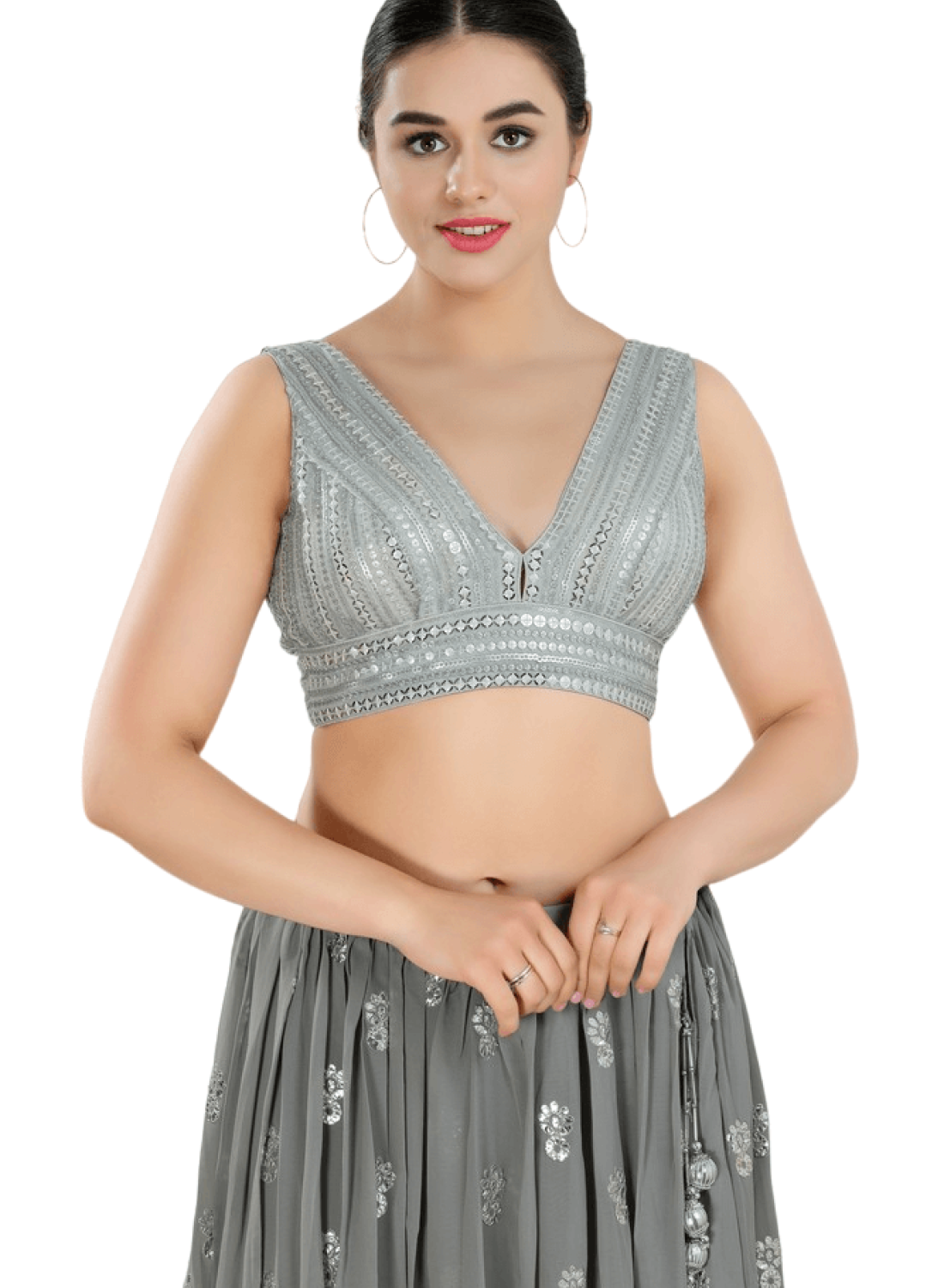 Silver Fancy Net Sequin V Neck Sleeveless Blouse