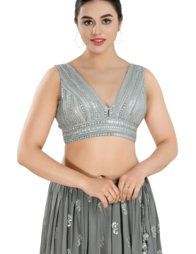 Silver Fancy Net Sequin V Neck Sleeveless Blouse