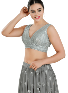 Silver Fancy Net Sequin V Neck Sleeveless Blouse