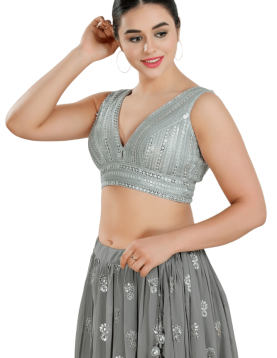 Silver Fancy Net Sequin V Neck Sleeveless Blouse