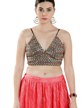 Black Sequin &amp; Mirror Work V Neck Sleeveless Blouse