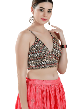 Black Sequin &amp; Mirror Work V Neck Sleeveless Blouse