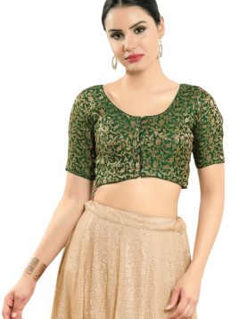 Brocade Round Neck Blouse In Bottle Green