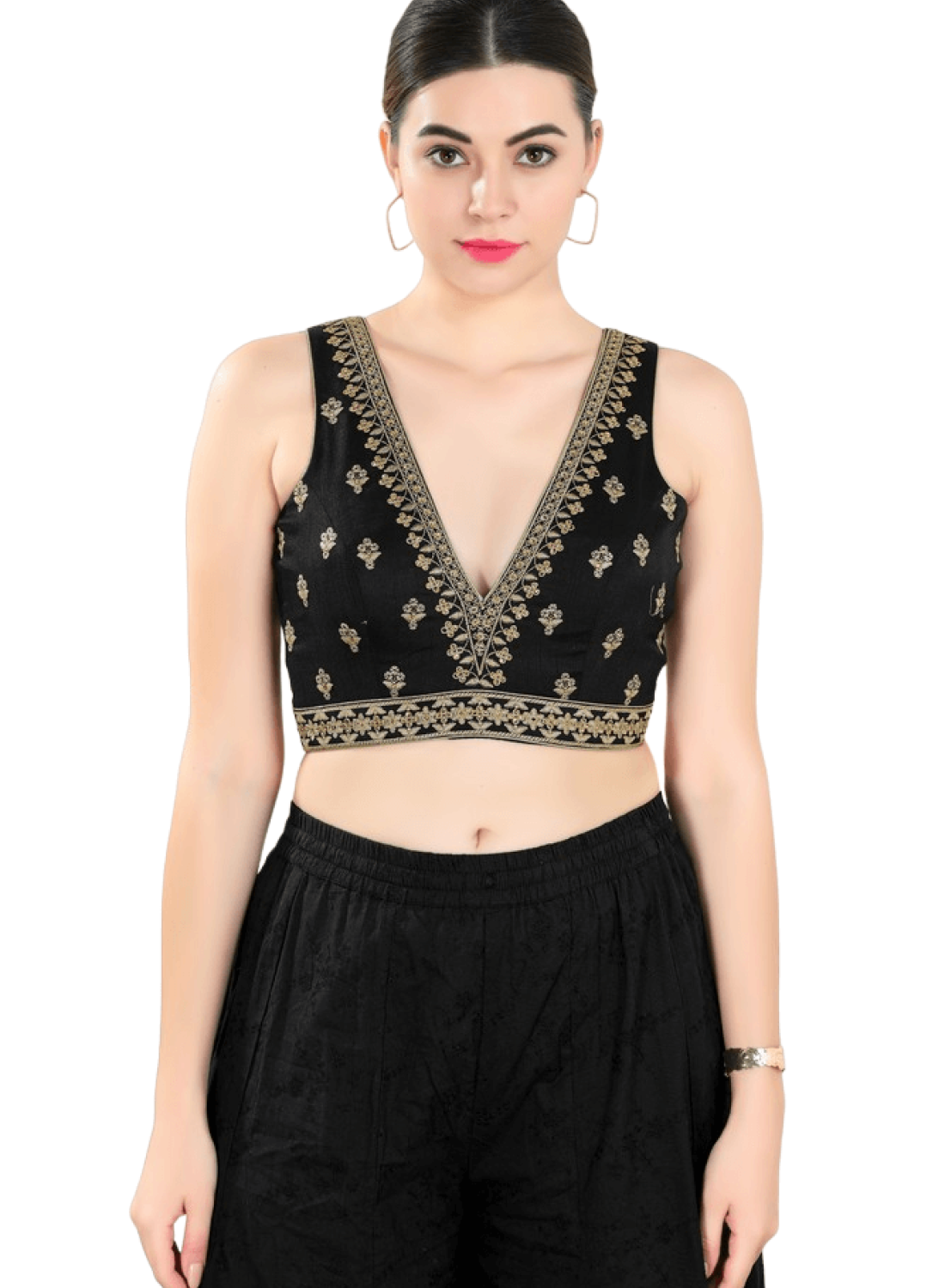 Black Art Silk Embroidered Sleeveless Blouse