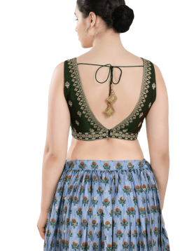 Bottle Green Art Silk Embroidered Sleeveless Blouse