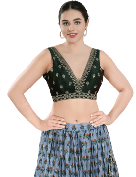 Bottle Green Art Silk Embroidered Sleeveless Blouse