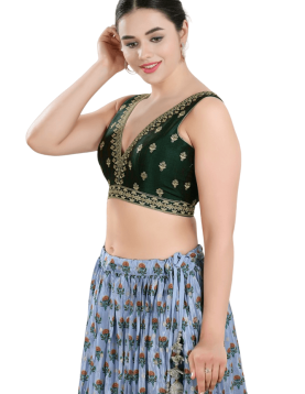 Bottle Green Art Silk Embroidered Sleeveless Blouse