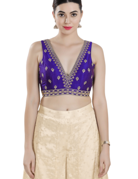 Brinjal Mulberry Silk Flora Embroidered Sleeveless Blouse