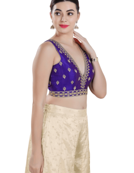 Brinjal Mulberry Silk Flora Embroidered Sleeveless Blouse