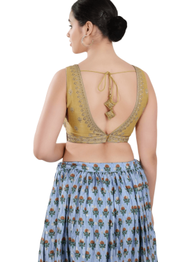 Gold Art Silk Embroidery V Neck Blouse
