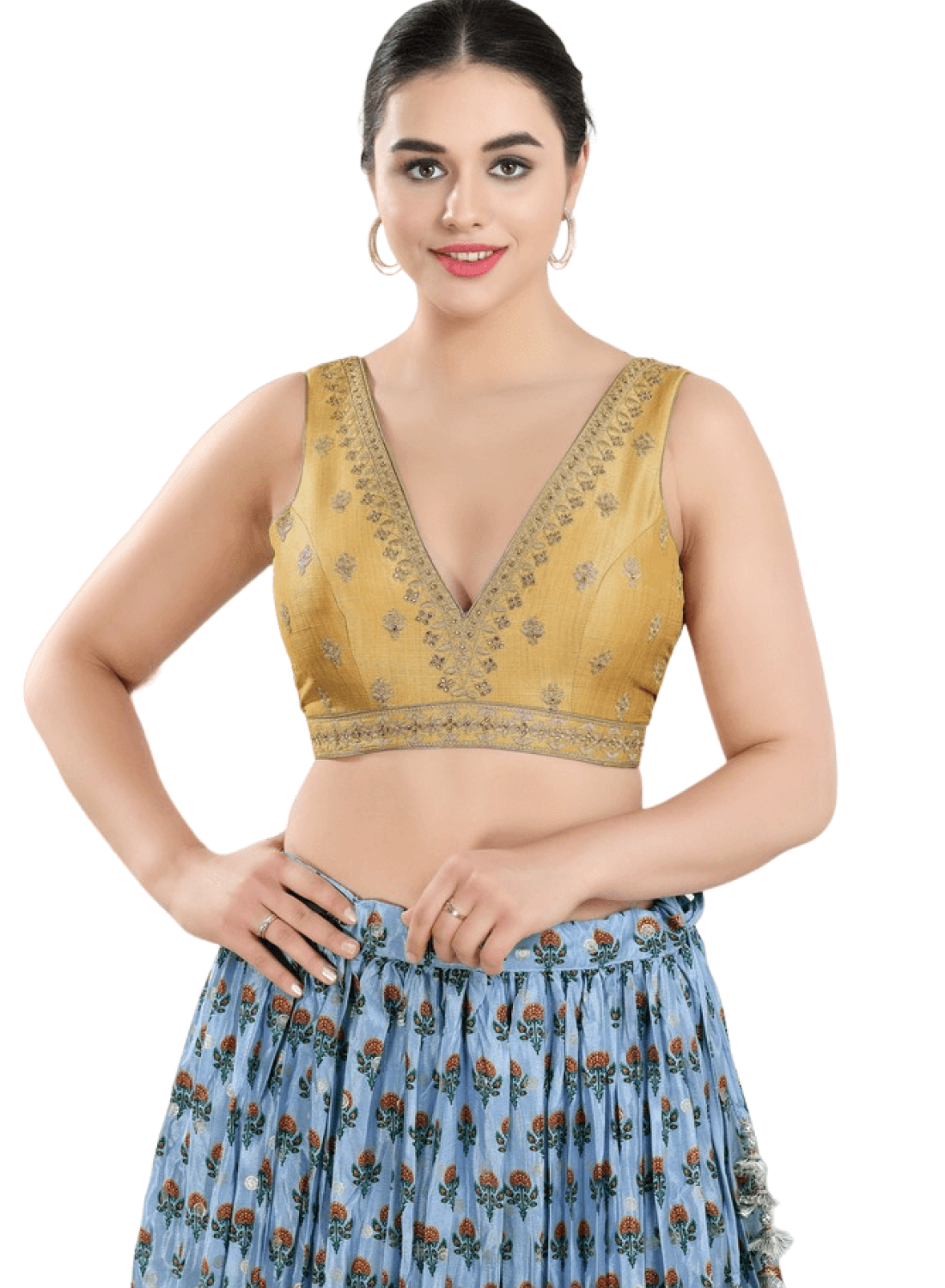 Gold Art Silk Embroidery V Neck Blouse