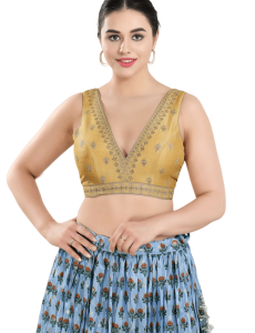Gold Art Silk Embroidery V Neck Blouse