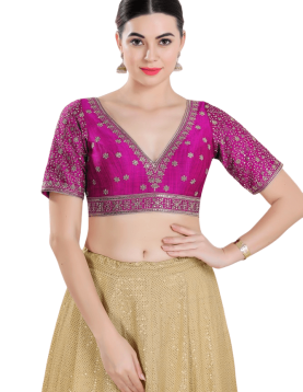 Purple Raw Silk Flower Embroidered Blouse