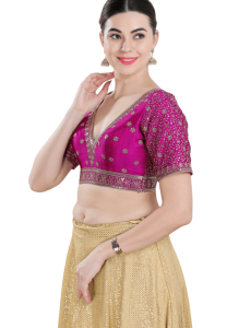 Purple Raw Silk Flower Embroidered Blouse