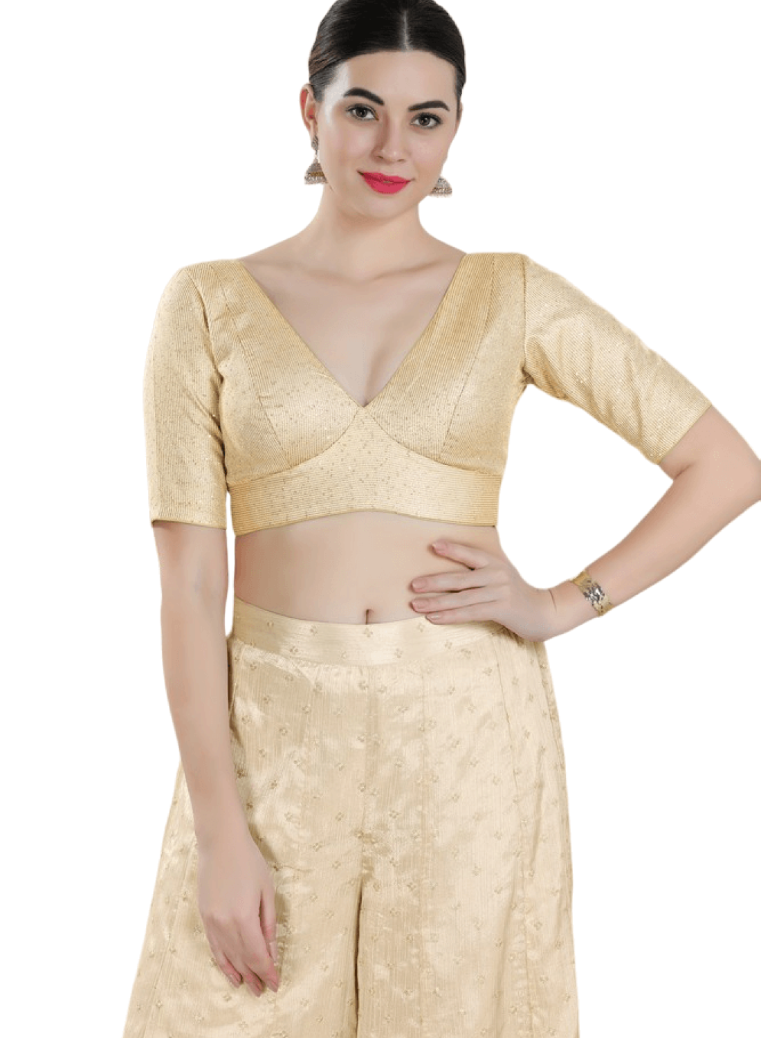 Gold Art Silk V Neck Blouse 