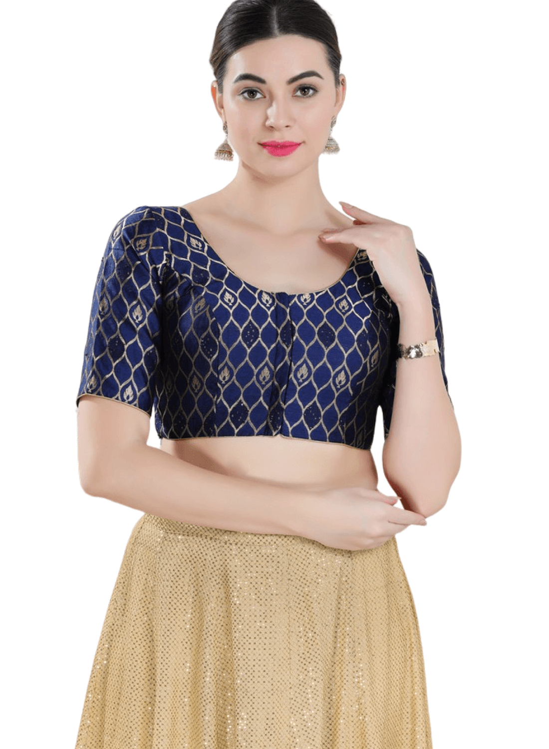 Navy Blue Brocade Printed Blouse 