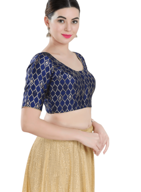 Navy Blue Brocade Printed Blouse 