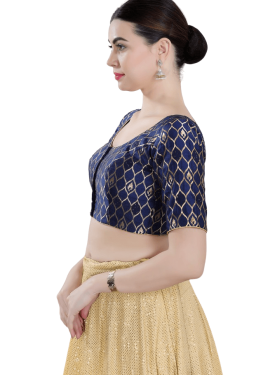 Navy Blue Brocade Printed Blouse 