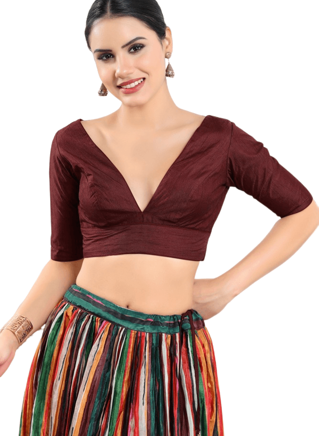 Dark Maroon Silk V Neck Fancy Blouse 