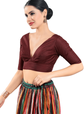 Dark Maroon Silk V Neck Fancy Blouse 
