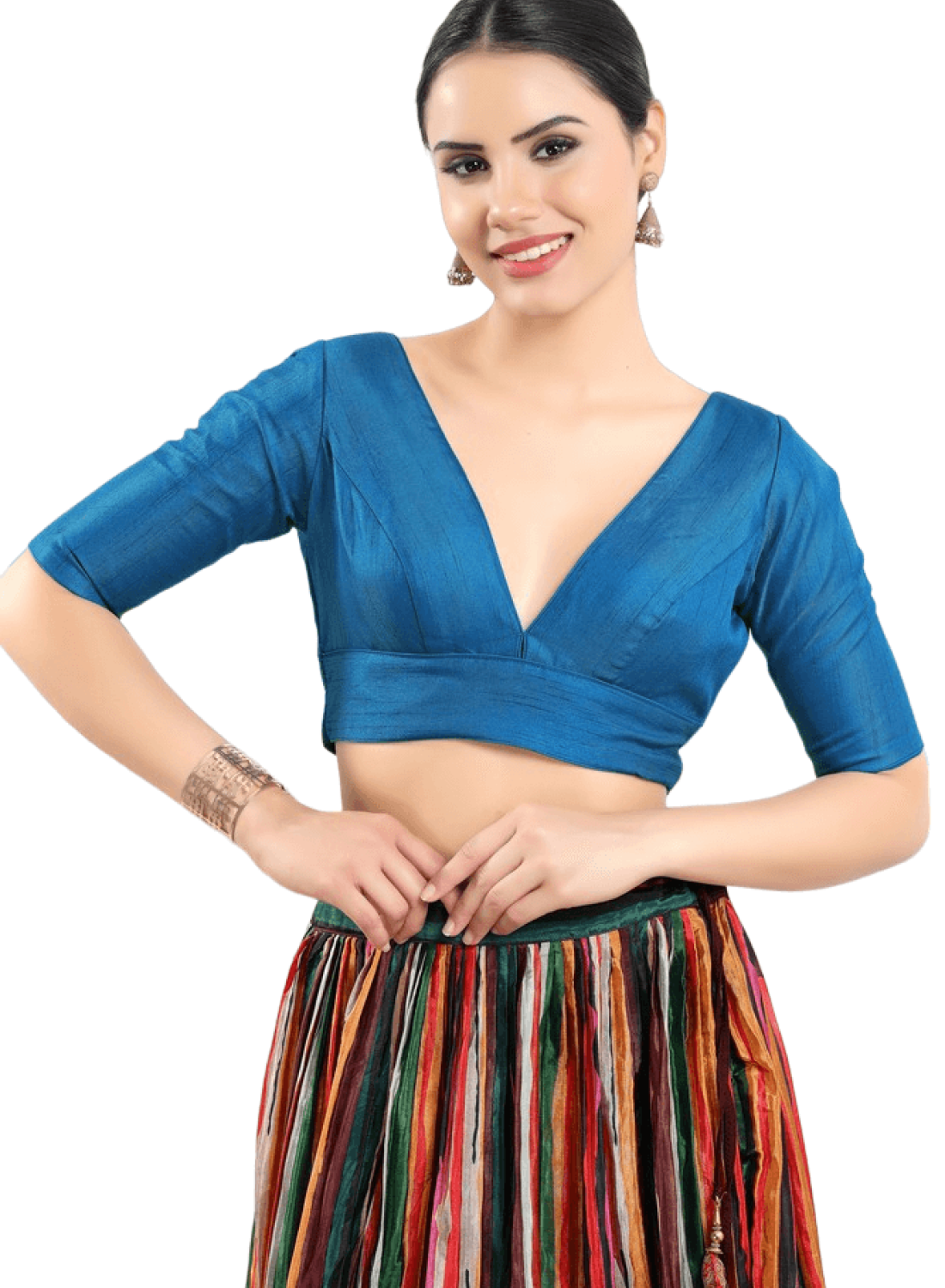  Blue Silk V Neck Fancy Blouse 