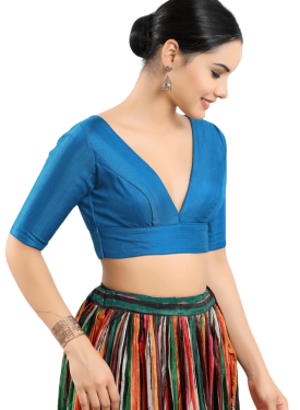  Blue Silk V Neck Fancy Blouse 