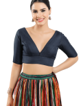 Navy Blue Silk V Neck Fancy Blouse 