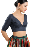  Navy Blue Silk V Neck Fancy Blouse 