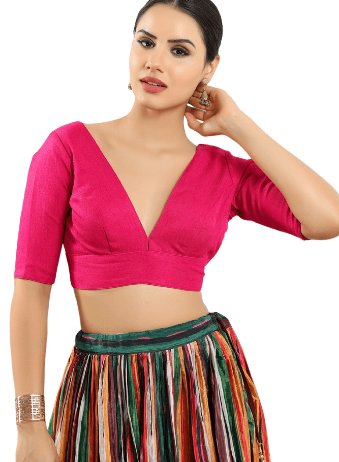 Pink Silk V Neck Fancy Blouse 