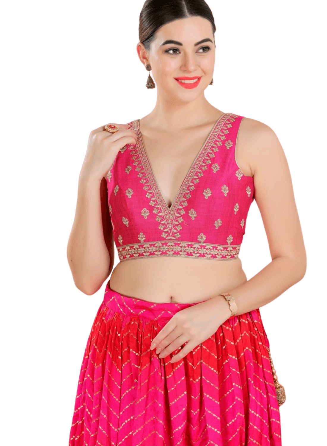 Pink Art Silk Embroidery V Neck Blouse
