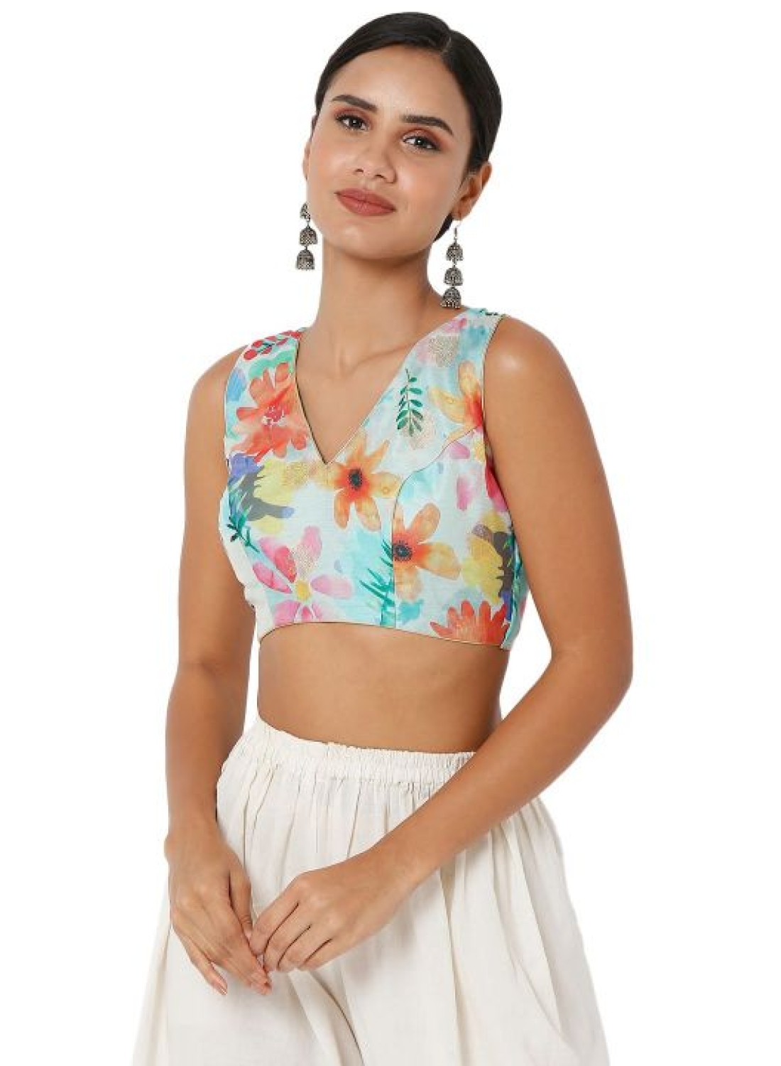 Sea Green Floral Prints Sleeveless Blouse
