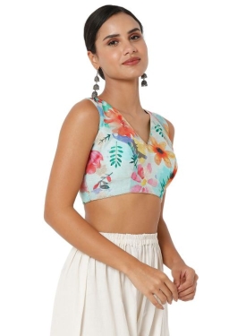 Sea Green Floral Prints Sleeveless Blouse