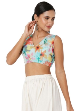Sea Green Floral Prints Sleeveless Blouse
