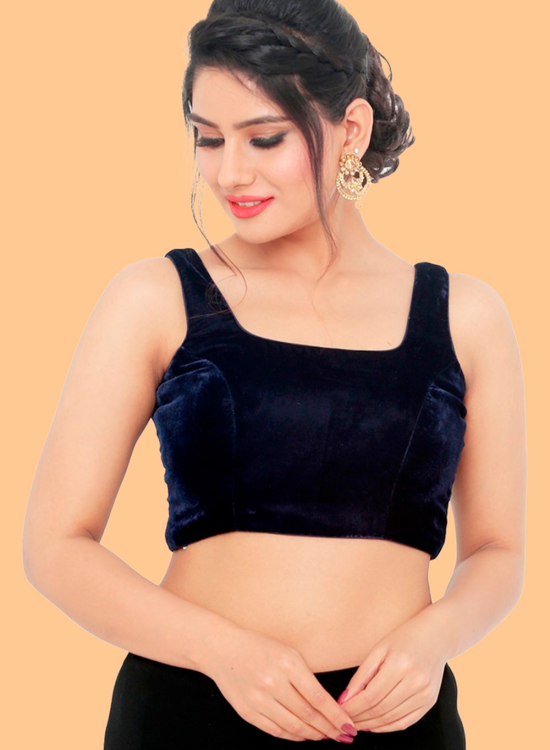 Navy Blue Velvet Sleeveless Blouse