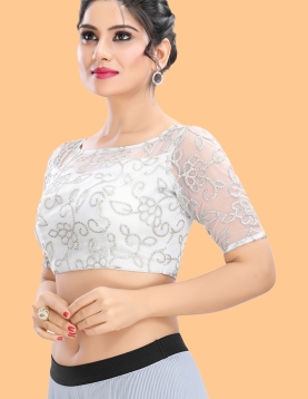 Silver Net Square Embroidered Blouse