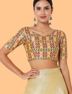 Gold Multi Color Tussar Silk Geometric Pattern V Neck Blouse