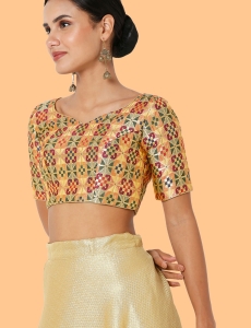 Gold Multi Color Tussar Silk Geometric Pattern V Neck Blouse